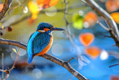 colorful kingfisher bird sits calmly on a tree branch, against a soft-focus background with warm hues
