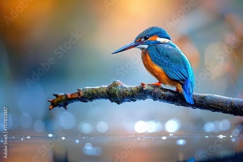 colorful kingfisher bird sits calmly on a tree branch, against a soft-focus background with warm hues