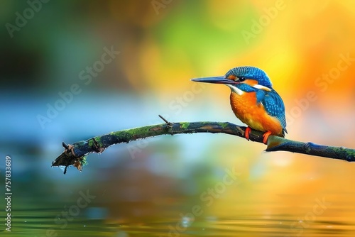 colorful kingfisher bird sits calmly on a tree branch, against a soft-focus background with warm hues