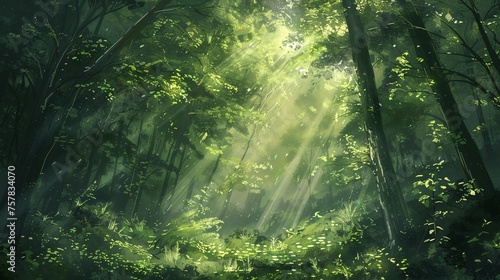 A Sunny Afternoon in the Forest: A Glimpse of the Sun's Light Filtering Through the Trees Generative AI