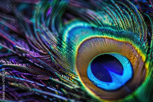 Beautiful Peacock Feather Closeup with Teal, Blue, Green and Purple Colors 