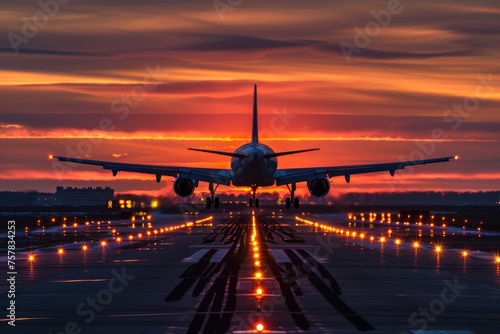 Beautiful Sunset Airplane Landing. Airliner Arrival at Aerodrome with Enchanting Sun Atmosphere in the Background - Aviation Stock Photo
