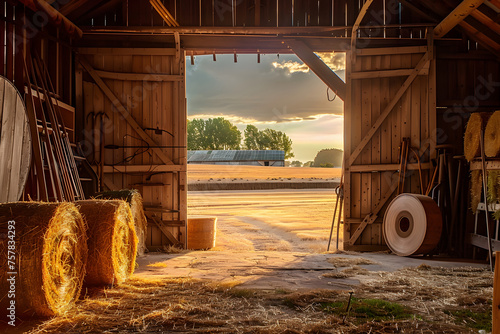 the inside of a barn with door open looking into the fields at golden hour, hay bales, instruments and tools photo