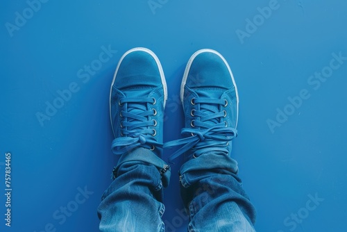 Blue Shoes on Feet. Composite Lifestyle Image with Blue Background and Isolated Clothing