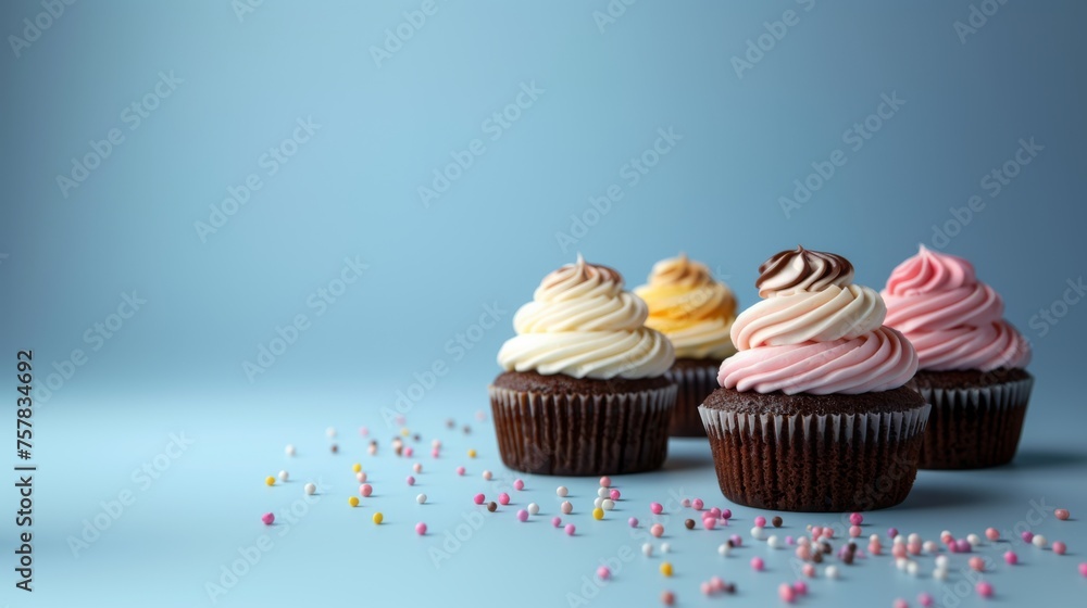 Tasty cupcakes topped with frosting, icing. Isolated on blue background. Room for copy space. Tasty cupcakes topped with frosting, icing. Isolated on blue background. Room for copy space.
