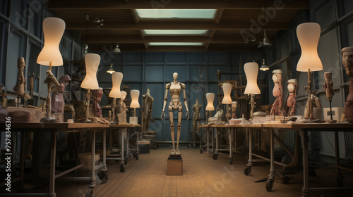 A prosthetics lab featuring a variety of artificial limbs under development. photo