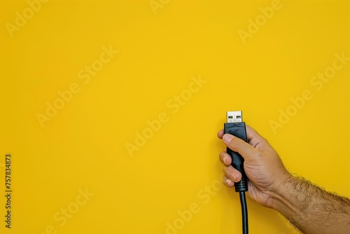 Close-Up of Black Cable with Plug Attached to Mains Outlet, Yellow Background. Electric Connection Concept with No Face