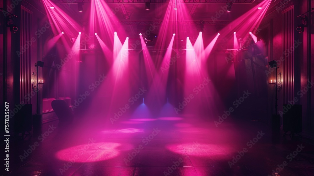 Empty night club stage illuminated with pink spotlights. Retro dance floor. Scene with laser beams, lamps, billowing smoke. Disco dancing area interior