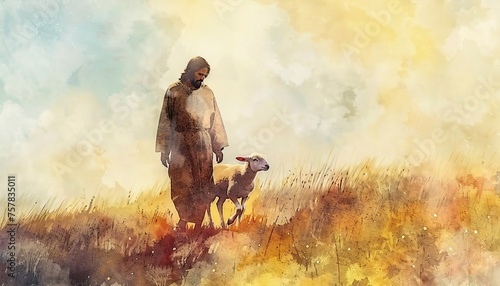 Jesus and the Sheep: A Spiritual Encounter in the Field Generative AI photo