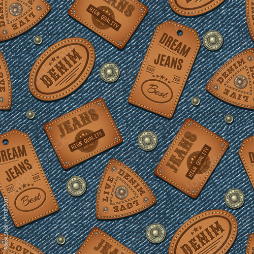 Denim seamless pattern with scattered buttons, rivets, leather brand labels with text. Detailed denim grunge texture on background. Vintage style