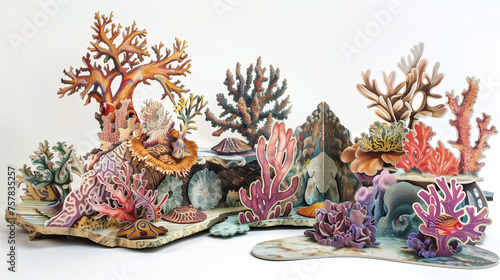 This is an illustration of various coral reefs and underwater plants, cut from paper with colorful colors, three-dimensional sense, three views, white background, light and shadow effects, detailed de