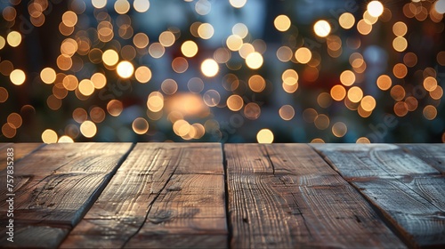 Empty wooden table top with defocused bokeh Christmas Fair lights background. Template for product display