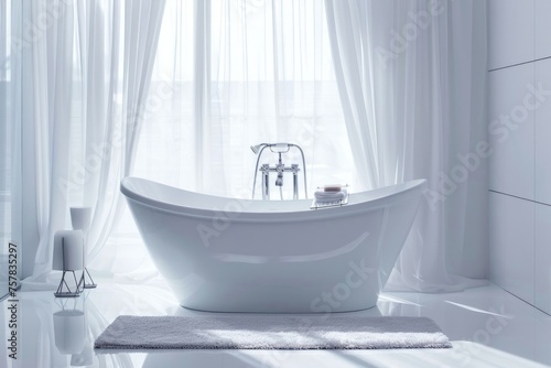 Cozy Bathroom Interior with White Modern Bathtub for a Clean Luxury Design and Relaxing Bathe Experience