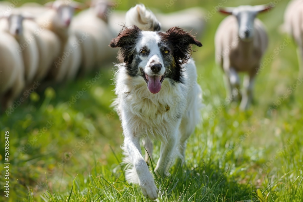 Cute Aussie Dog Herding Sheep on Green Grass Farm: A Charming Pet Animal Spaniel in Action