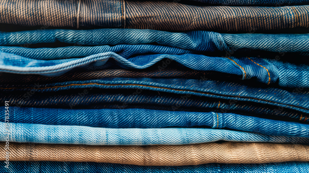 Stack of various shades of blue denim jeans, textile background.