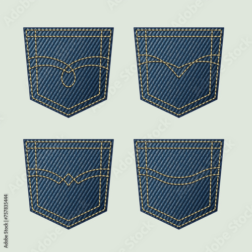 Denim back pockets with various yellow thread stitches, topstitching. Set of design elements in vintage style.