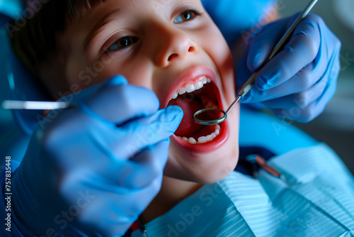 Young child receiving dental treatment or examination in a dentists chair. Concept of oral health in children. 