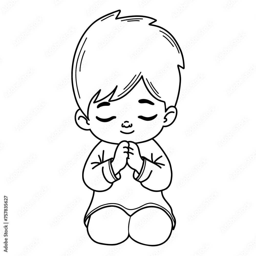 Praying boy on his knees with folded hands in prayer. Linear hand drawing. Coloring book. Religious believer male child character. Kids collection Praying boy on his knees with folded hands in prayer. Linear hand drawing. Coloring book. Religious believer male child character. Kids collection