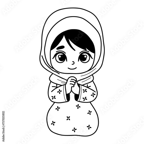 Cute praying little girl in headscarf. Linear hand drawing, coloring book. Religious believer child character. Vector illustration. Kids collection