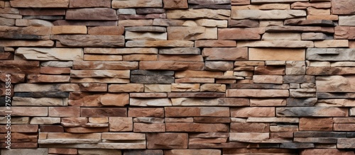 A close up of a brick wall showcasing a variety of bricks in brown, wood, and beige hues. The building material features a rectangular pattern of brickwork, creating a unique composite material