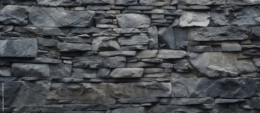 A close up of a grey stone wall made up of various rocks, showcasing the intricate brickwork and composite materials used as building material A close up of a grey stone wall made up of various rocks, showcasing the intricate brickwork and composite materials used as building material