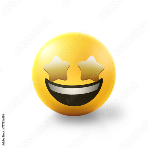 Star eyed Emoji stress ball on shiny floor. 3D emoticon isolated.