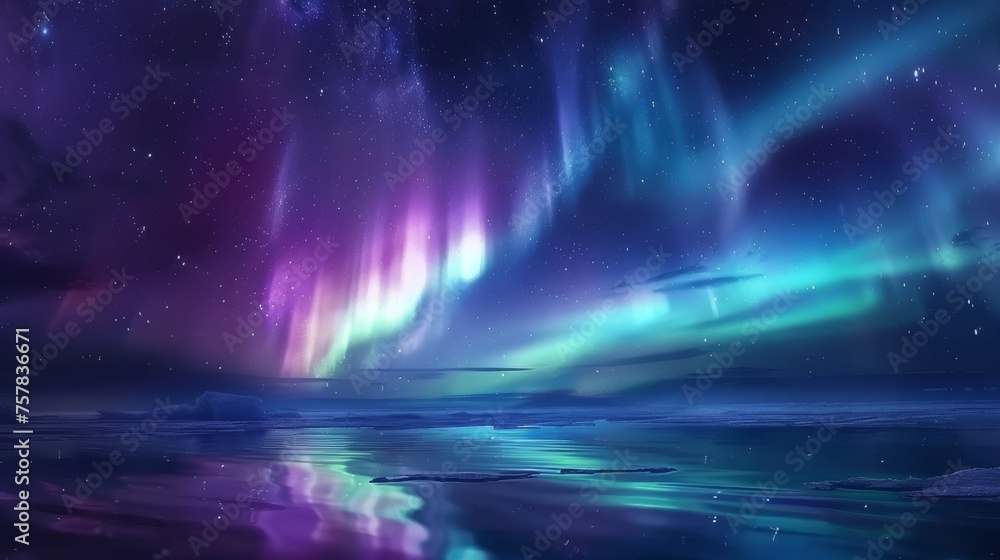 Majestic Northern Lights (Aurora Borealis) illuminating the night sky over a frozen landscape.