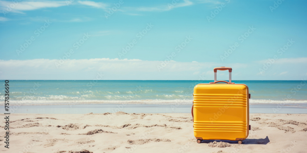 Yellow travel suitcase on the sandy beach of a tropical island in the ocean. Vacation in popular tourist places. Yellow travel suitcase on the sandy beach of a tropical island in the ocean. Vacation in popular tourist places.