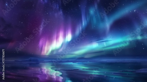 Majestic Northern Lights  Aurora Borealis  illuminating the night sky over a frozen landscape.