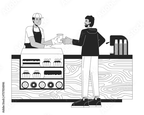 Customer receiving coffee from barista black and white 2D line cartoon characters. Indian man, african american guy isolated vector outline people. Coffee shop monochromatic flat spot illustration