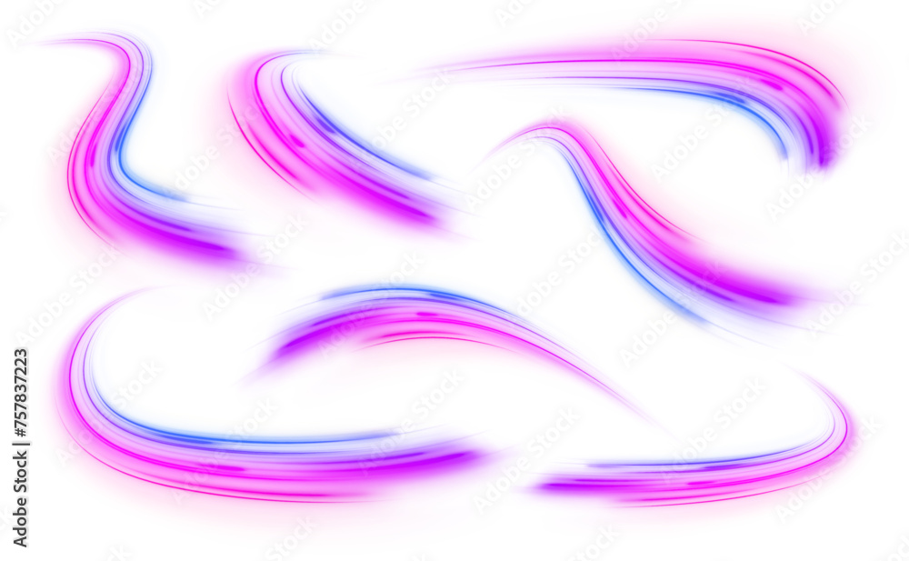 Fototapeta premium Set of neon speed lines on transparent background PNG. Big data traffic visualization, dynamic high speed data streaming traffic.