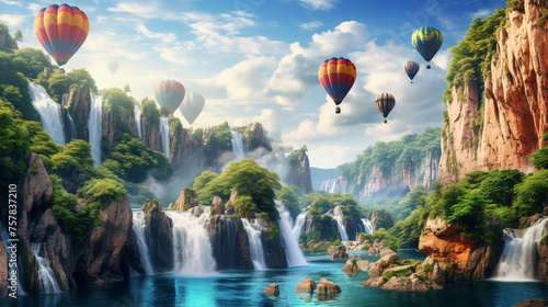Colorful hot air balloons fly over the waterfall in forest and blue sky with clouds.