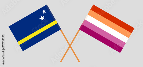 Crossed flags of Country of Curacao and Lesbian Pride. Official colors. Correct proportion
