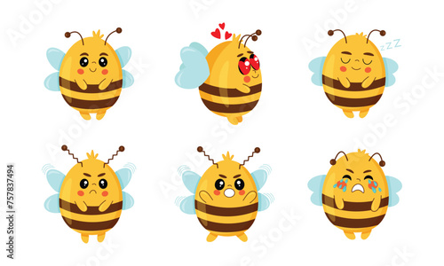 Cute bee set. A flat cartoon design featuring a set of cute bees in various expressions.