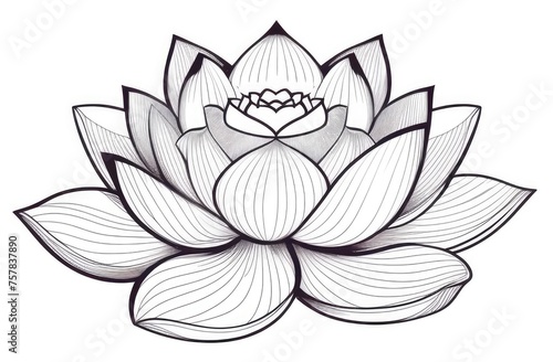elegant black and white lotus flowers, hand drawn botanical leaves in line art style, engraving