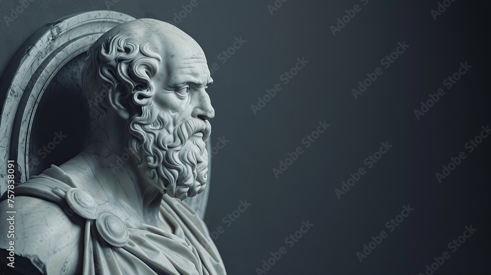 3D Mockup of Greek Philosopher Socrates Statue with Blue Gradient Copy Space - Presentation