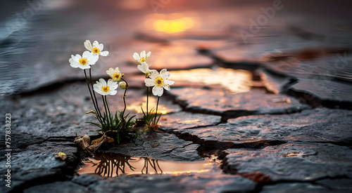 Small flowers are growing on the cracked and waterlogged road. There are reflections of flowers on the surface of the water as the morning sun shines on them.  © Puetsapa