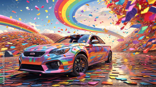 A Relic Reborn: A Classic Sports Car Bathed in Rainbow Hues, a Testament to Enduring Passion Against a Fiery Sunset. photo