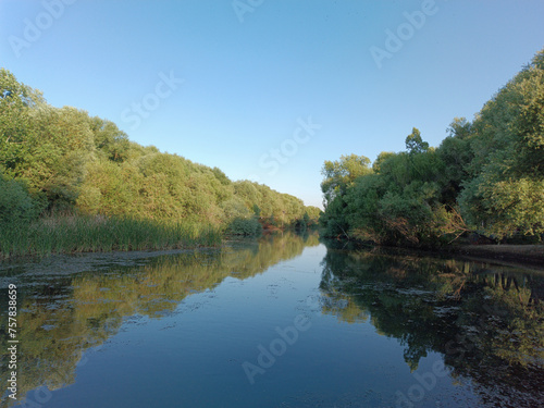 autumn trees reflected in water .The river among the trees