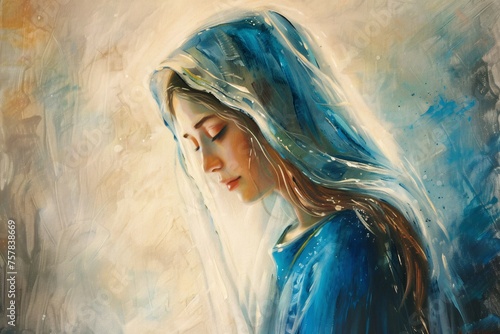 Mary Magdalene's Blue Veil: A Painting of Faith and Devotion Generative AI photo