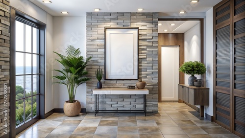 Modern Coastal Interior Design: Entrance Hall with Mock-Up Frame and Stone Tiles Wall