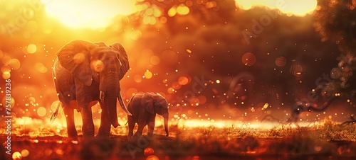 elephants at sunset. extraordinary lighting. advertising banner. generative ai © Alexander Odessa 