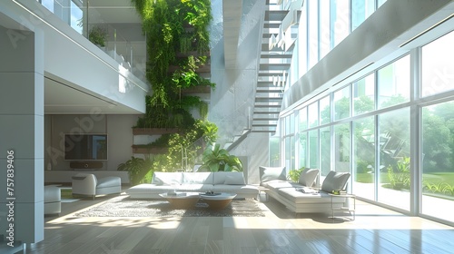 Luxurious Modern Living Room with Floor-to-Ceiling Windows and Vertical Garden © Rudsaphon