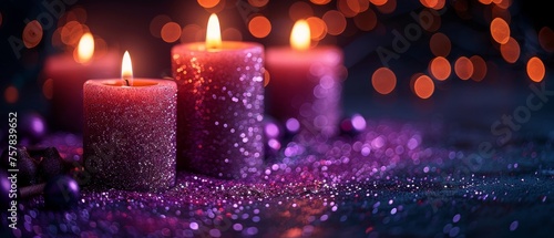 Defocused abstract lights and purple glitter on flames of Advent candles burning in the dark photo