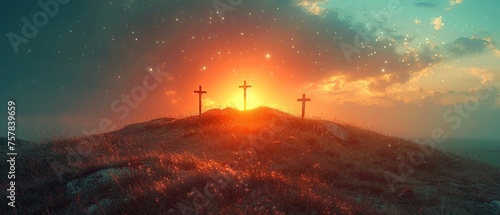 The Resurrection - Crosses On Hill At Sunset - Abstract Glittering In The Sky And Vintage Colors