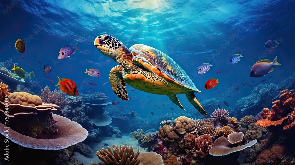Colorful coral reef with many fishes and sea turtle. Underwater wildlife panorama Coral reef with wild. - obrazy, fototapety, plakaty 