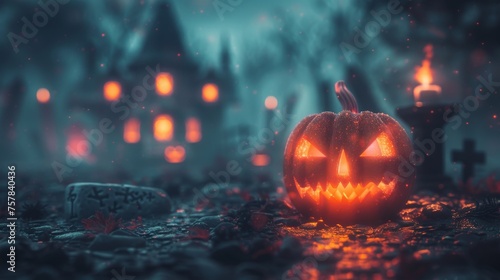 Halloween Backdrop - Pumpkins In Graveyard During Spooky Night