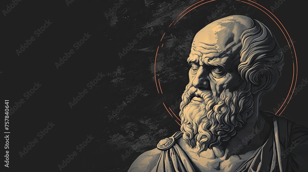 Thoughtful Greek Philosopher Socrates with Minimal Space and Curious Look, Knowledge Quote Space
