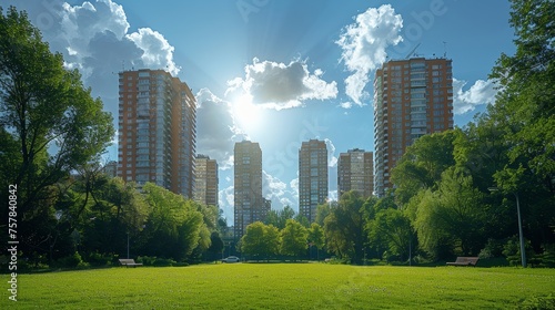 Modern blocks of flats and blue sky with white clouds surround a green public park