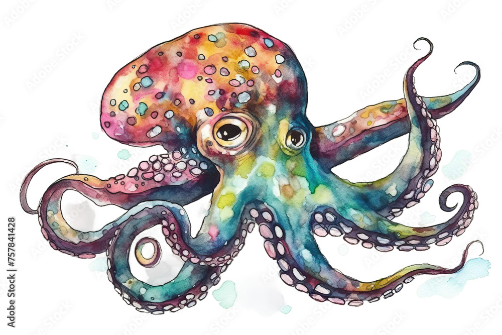 colored watercolor Ink octopus Rainbow illustration